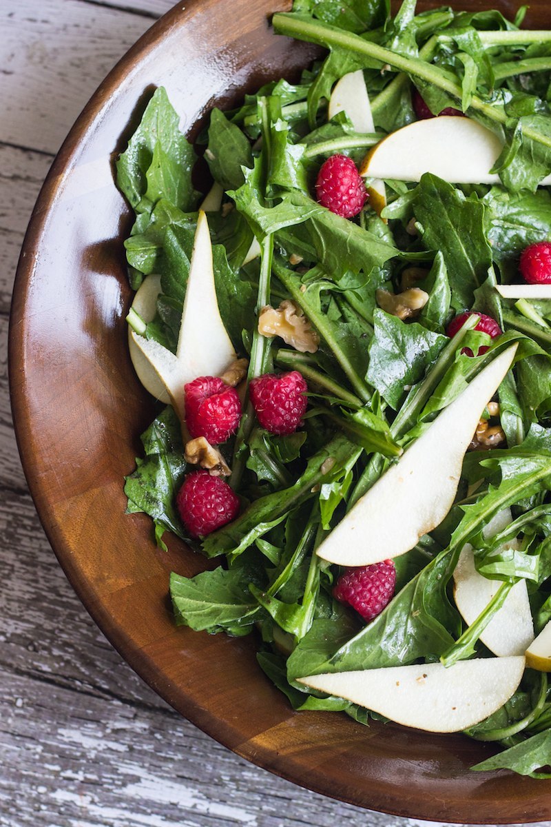 Warm Dandelion Greens Salad with Pears & Raspberries - Prepgreen